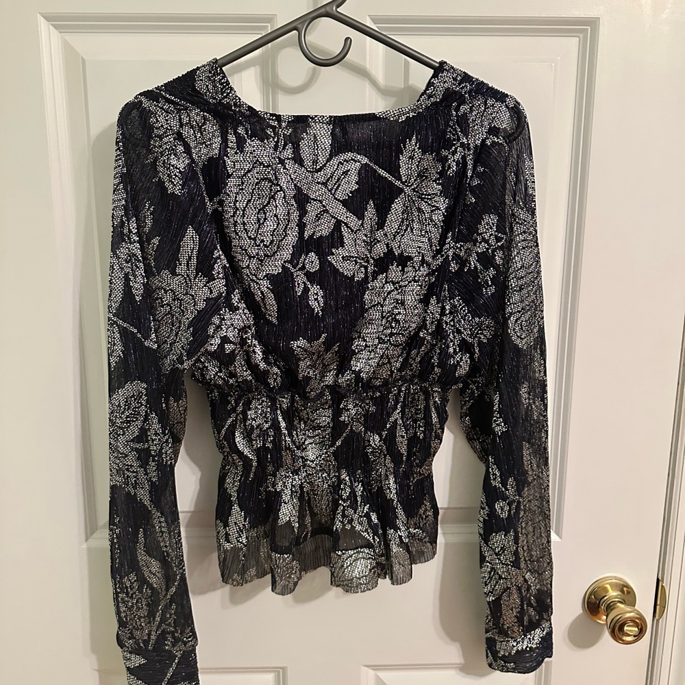 By Anthropologie Metallic Smocked Long-Sleeve Shirt Midnight Navy Size M - Picture 4 of 6